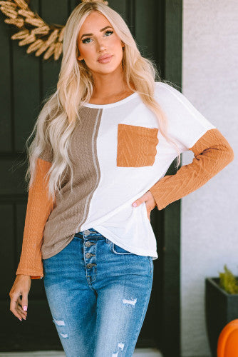 Textured knot color block top w/chest pocket