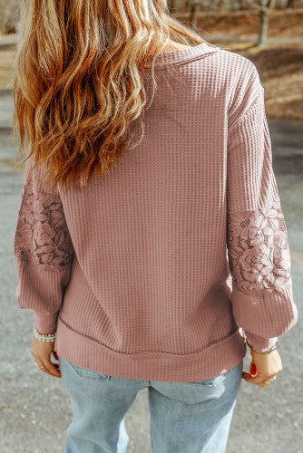 Mauve waffle v-neck with lace detail